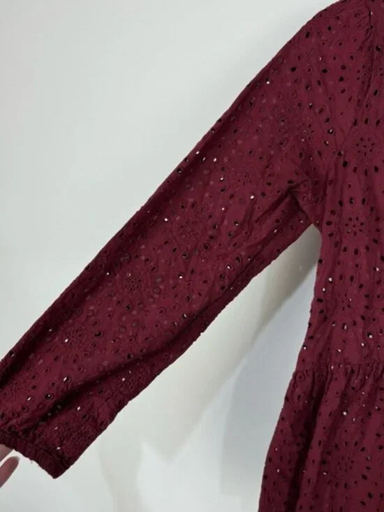 Madewell Red Burgundy Laser Cut Eyelet Peplum Button Down top Blouse Boho Office - Picture 3 of 5